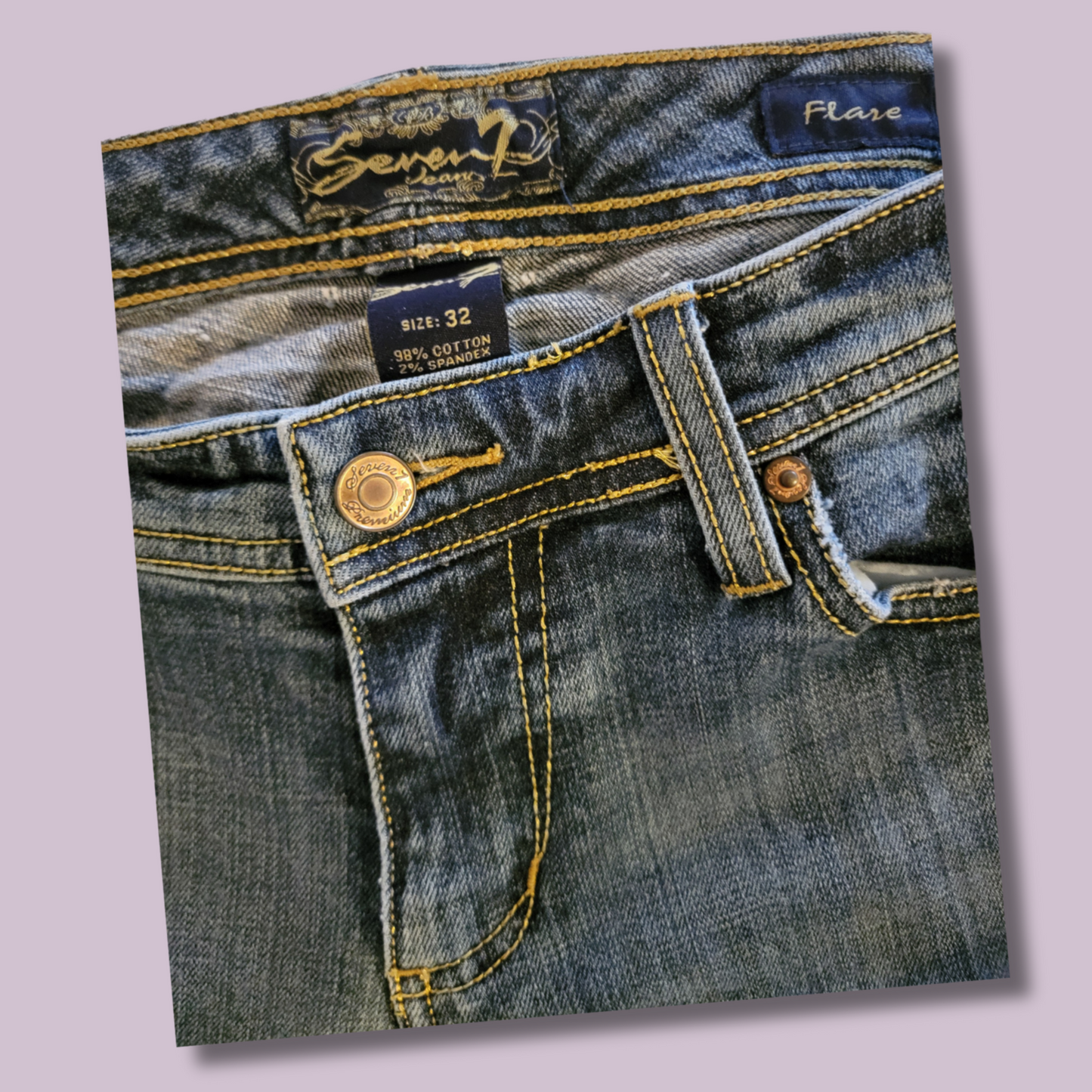 Seven 7, Premium Blue Label Jeans, Gold Stitching, Size 32