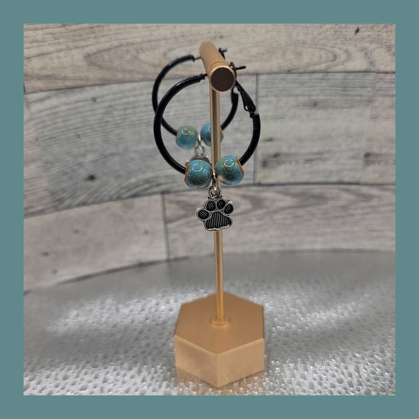 1" Black Hoop Earrings, Blue/Green Ceramic Beads & Silver/Black Dog Paw