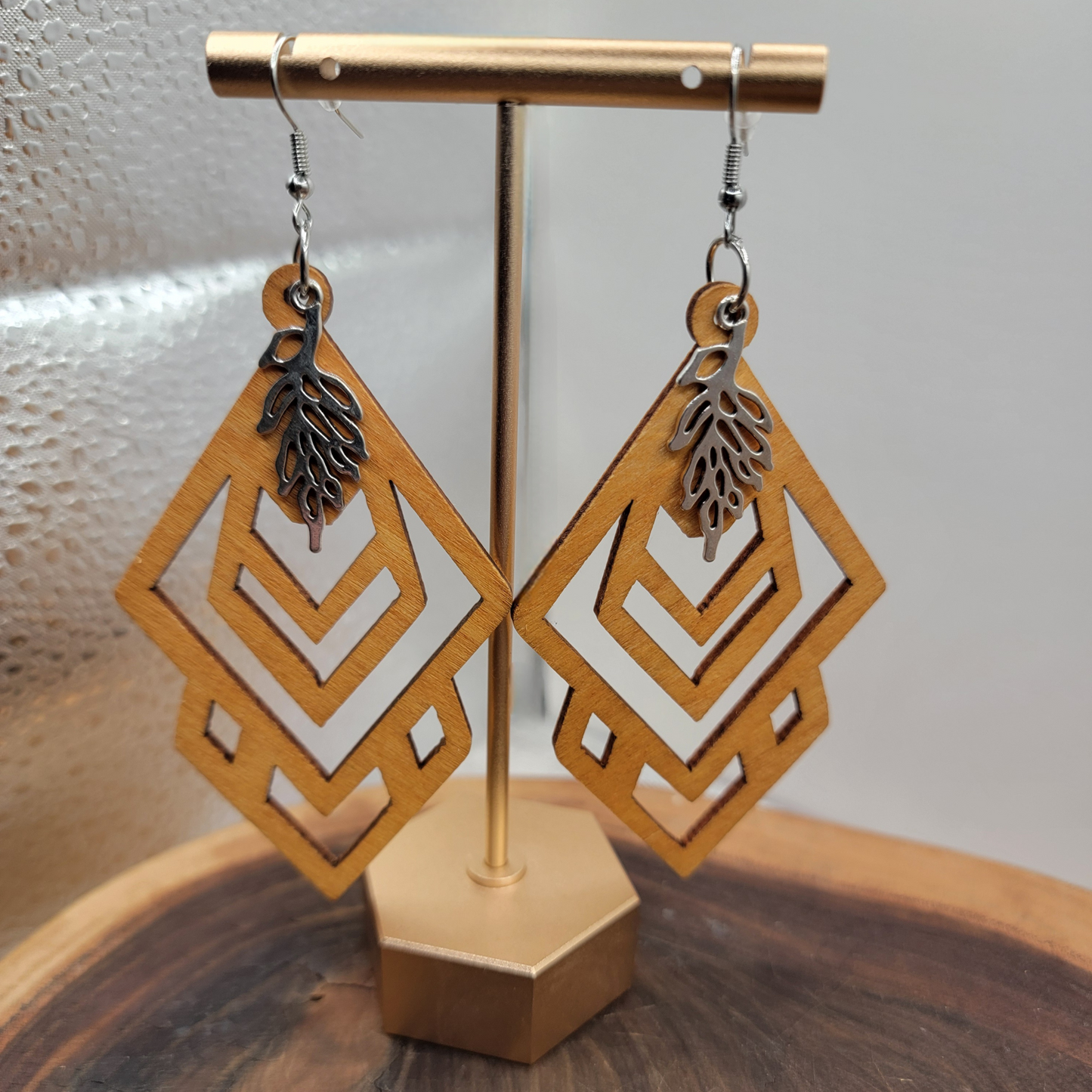 π Boho Geometric Wood Dangle Earrings with Silver Leaf Charm π