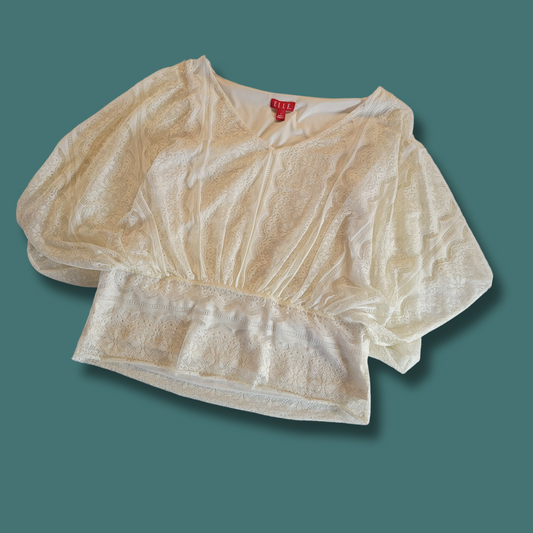 Lace Blouse, Bat wing sleeves, Cream Color, Size L