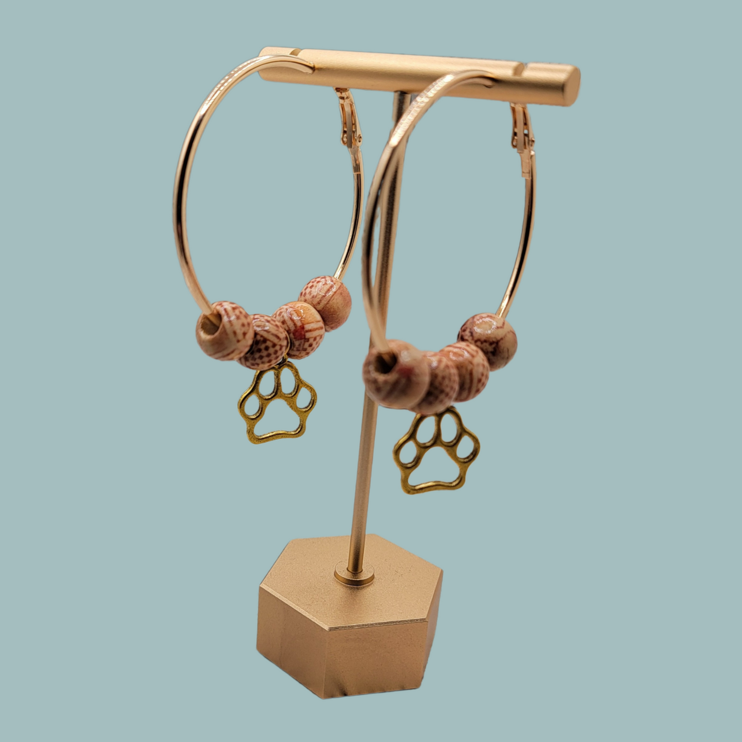 2" Gold Hoop Earrings, Wood Beads Gold Dog Paw