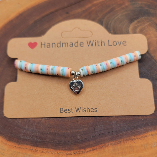 🌊 Beachy Polymer Clay Disc Bracelet with Silver Paw Print Heart Charm 🐾💙