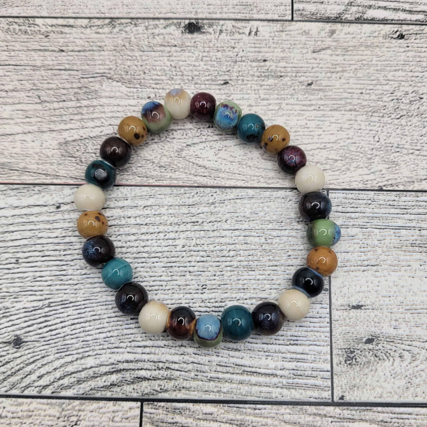 Earthy Elegance Porcelain Bead Bracelet, multi-color, stretchy