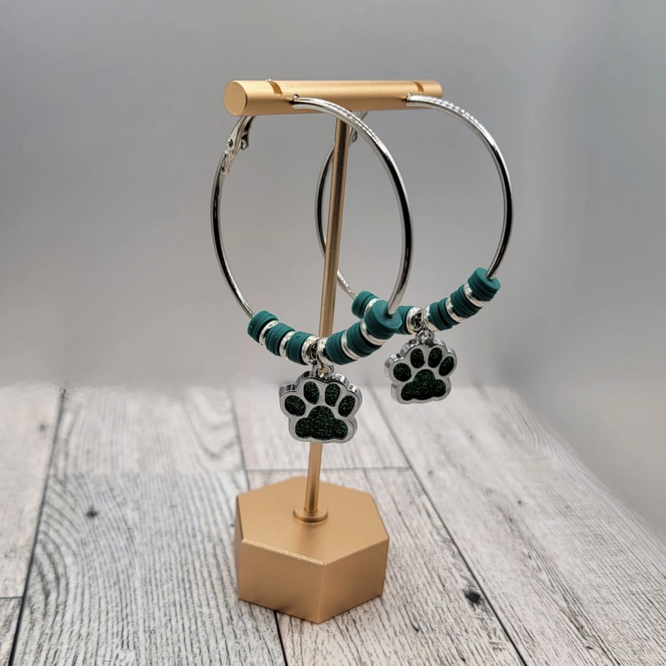 2" Silver Hoop Earrings, Green Dog Paw Charm