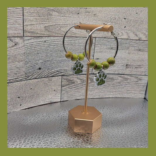 1-1/2" Silver Hoop Earrings, Green Beads & Green Dog Paw