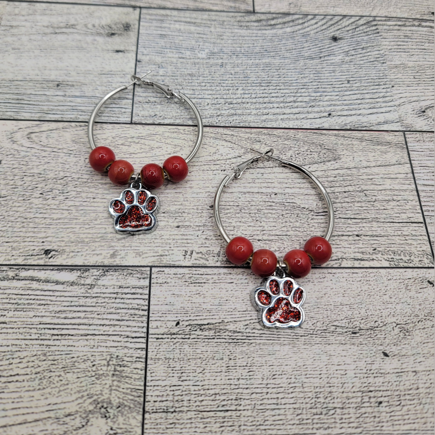 1-1/2" Silver Hoop Earrings, Red Beads & Red Dog Paw Charm