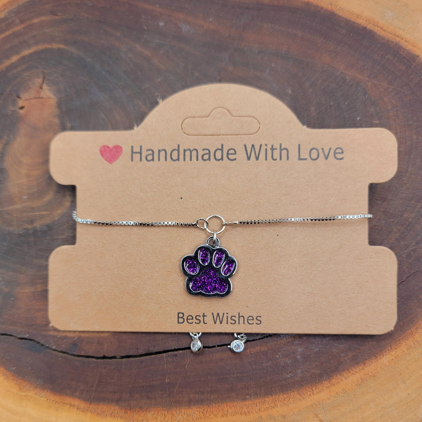 ✨ Adjustable Silver Bracelet with Purple Glitter Dog Paw Charm ✨