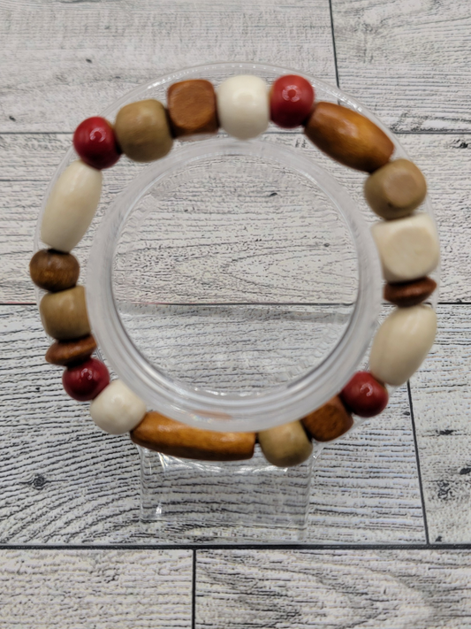 Boho Burnt Orange & Wood Beaded Stretch Bracelet