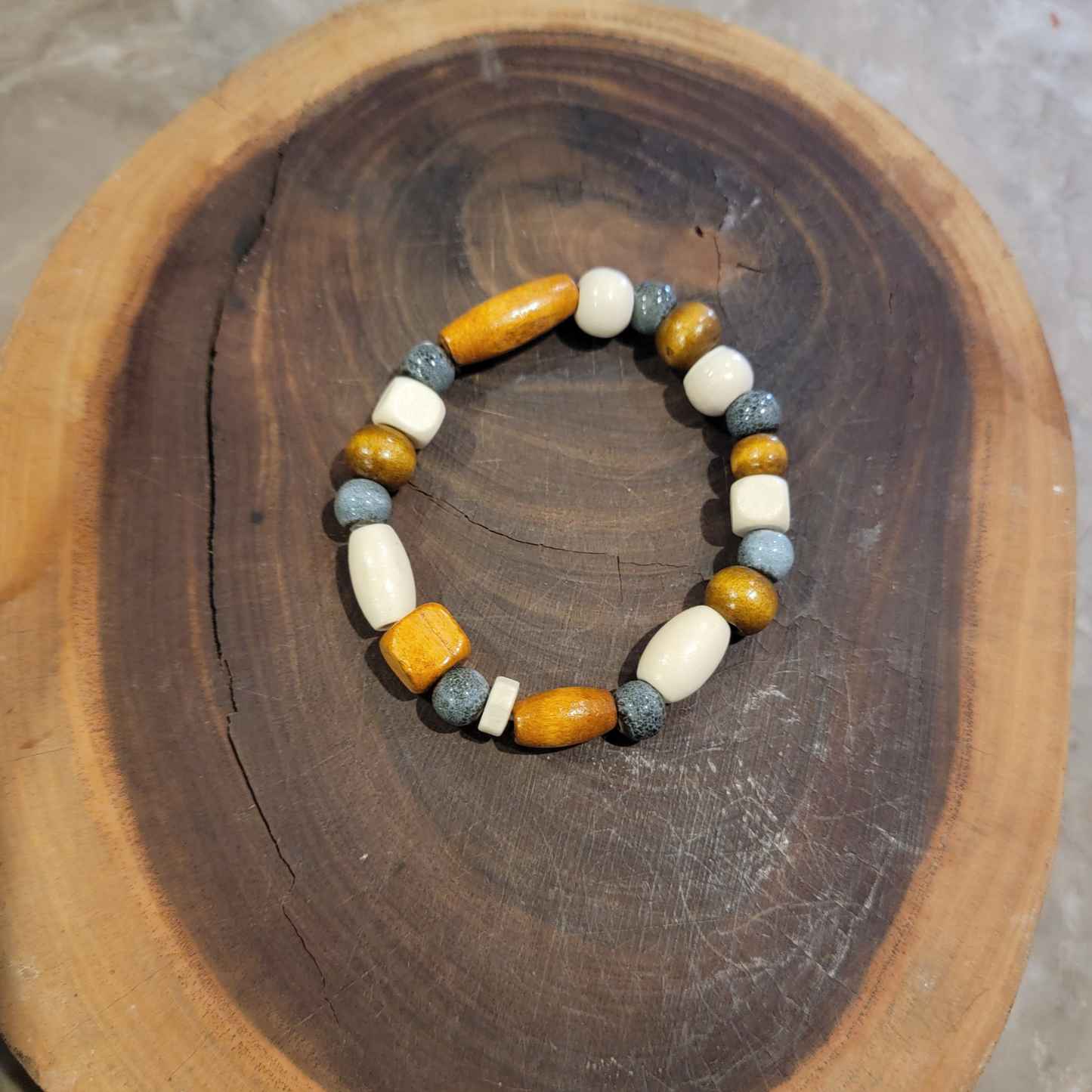 Wood & Porcelain Bead Bracelet, Touch of Blue, Stretch, Unisex, Boho Vibes