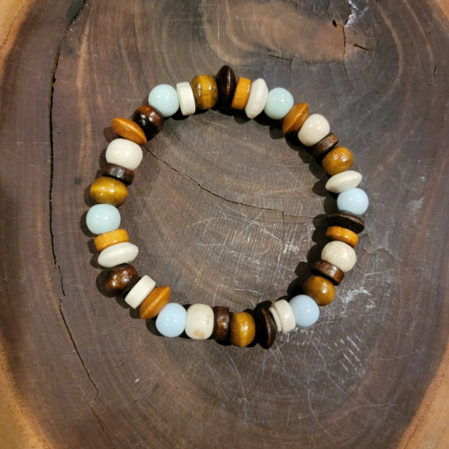 Boho Beachwood Vibe, Beaded Bracelet, Light Blue Porcelain Beads – Handmade & Stretchy