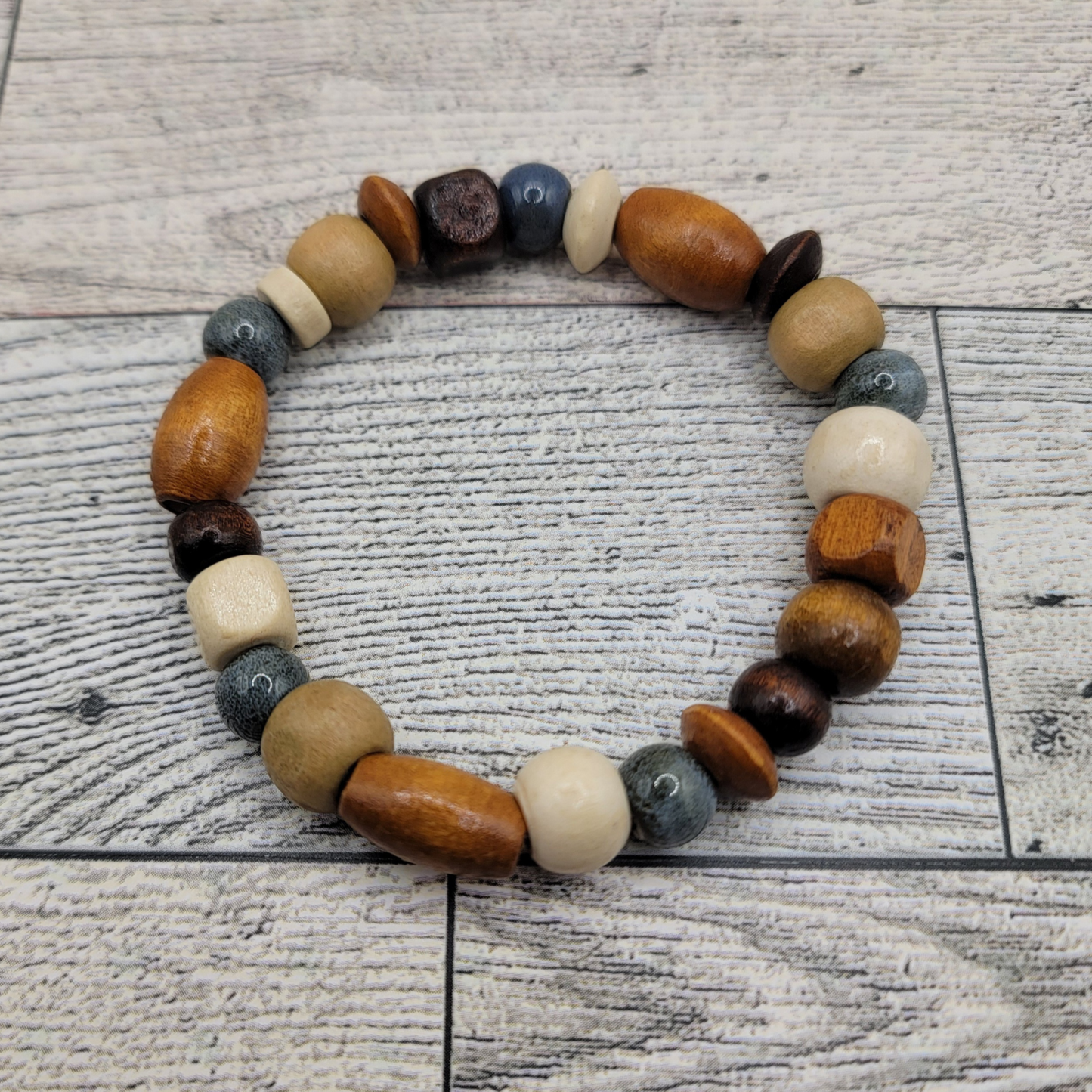 Rustic Boho Wood Bead Bracelet, Touch of Blue β Earthy & Unique πΏβ¨