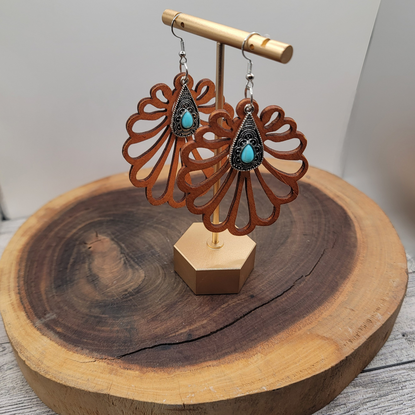 Boho Wooden Flower Cutout Earrings with Turquoise Charm