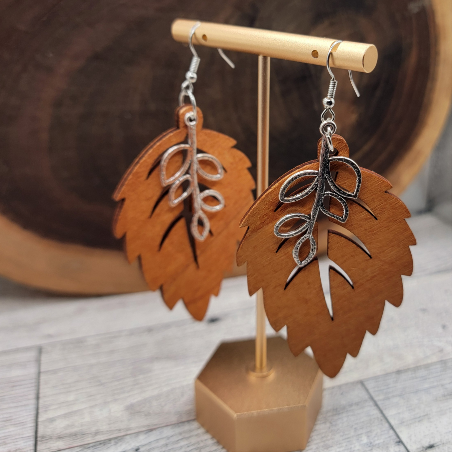 Boho Wood Leaf Dangle Earrings with Silver Branch Charm 🌿✨
