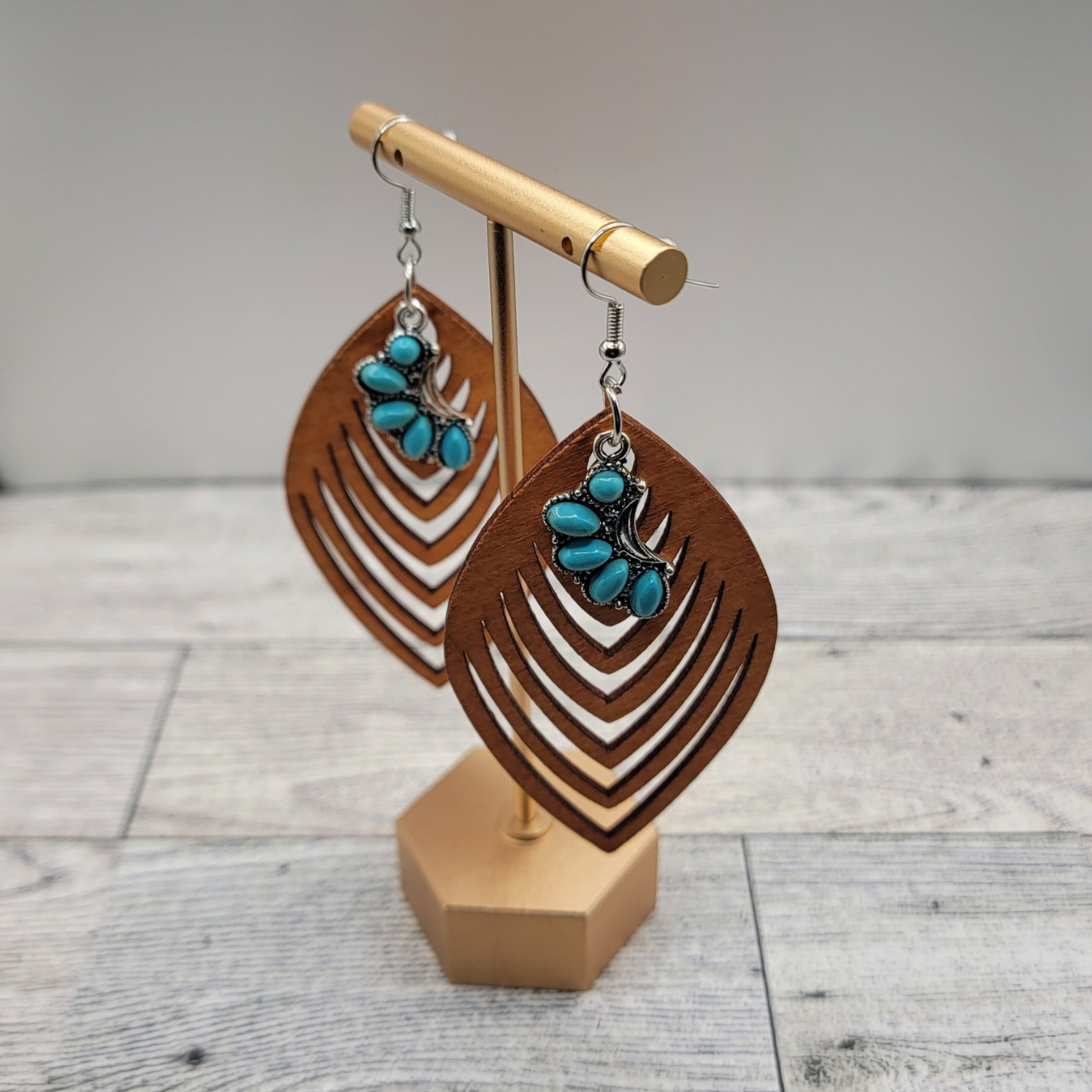 Boho Layered Wood & Turquoise Dangle Earrings
