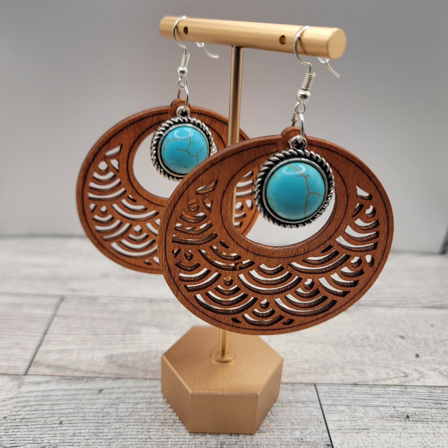 Mandala Wood & Turquoise Dangle Earrings