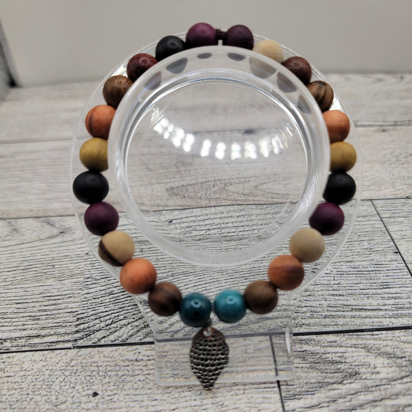 Rustic Beachy & Boho Vibes Wood & Turquoise Bracelet – Silver Leaf Charm