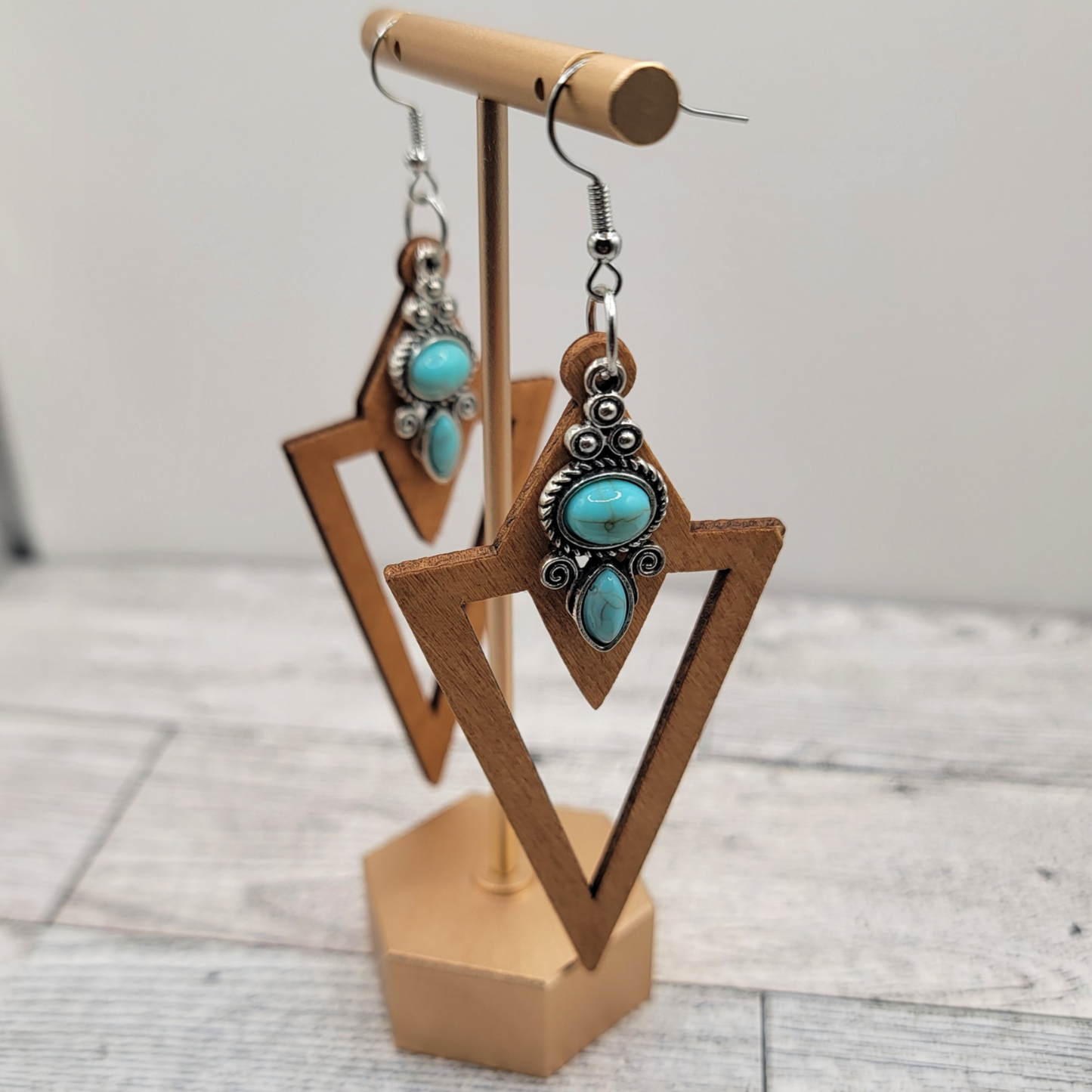 ✨ Boho Geometric Wooden Earrings with Turquoise Accents ✨