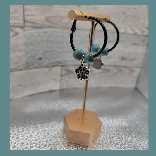 1" Black Hoop Earrings, Blue/Green Ceramic Beads & Silver/Black Dog Paw