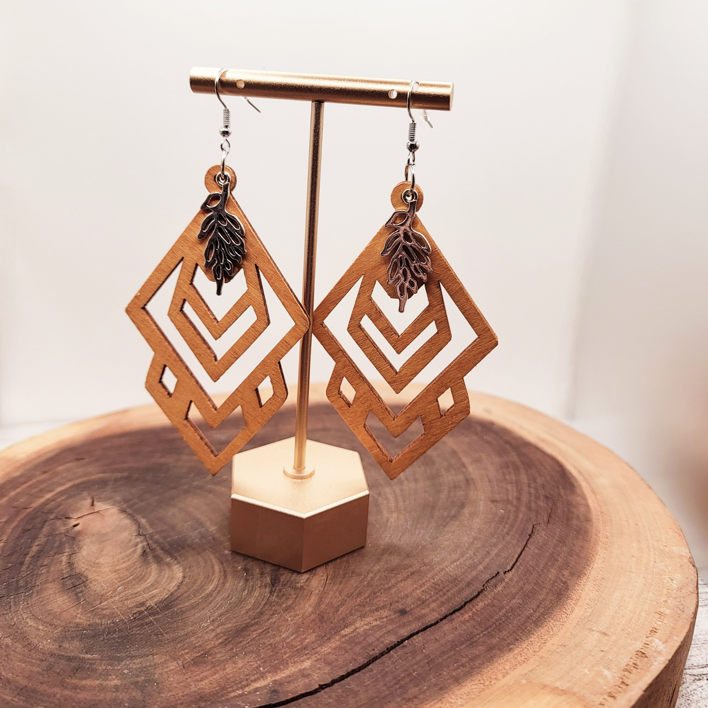 π Boho Geometric Wood Dangle Earrings with Silver Leaf Charm π