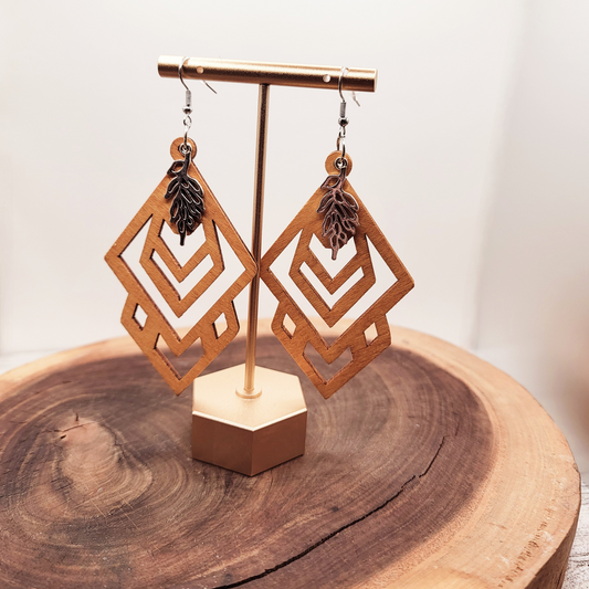 🍂 Boho Geometric Wood Dangle Earrings with Silver Leaf Charm 🍂