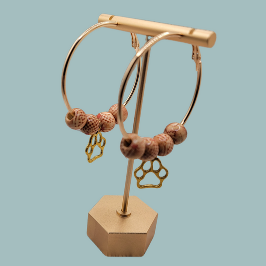 2" Gold Hoop Earrings, Wood Beads Gold Dog Paw