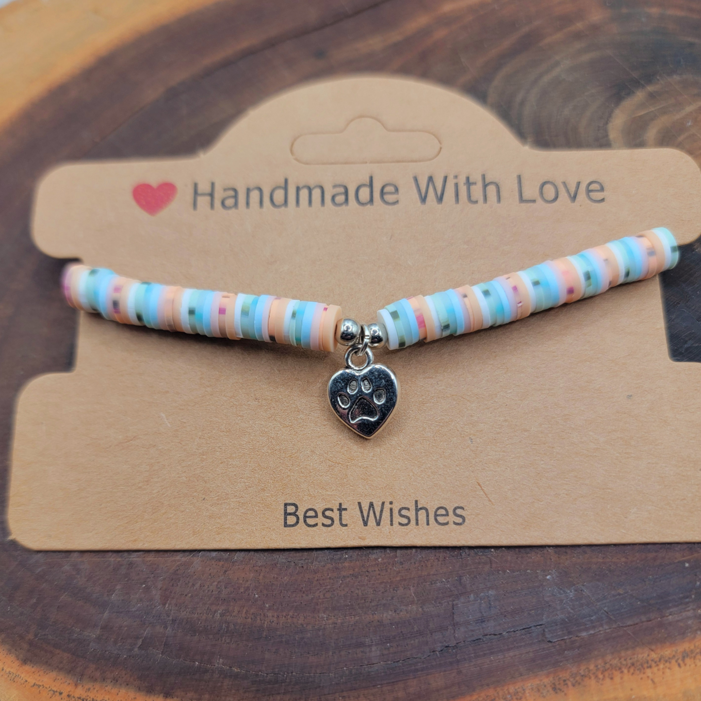 π Beachy Polymer Clay Disc Bracelet with Silver Paw Print Heart Charm πΎπ