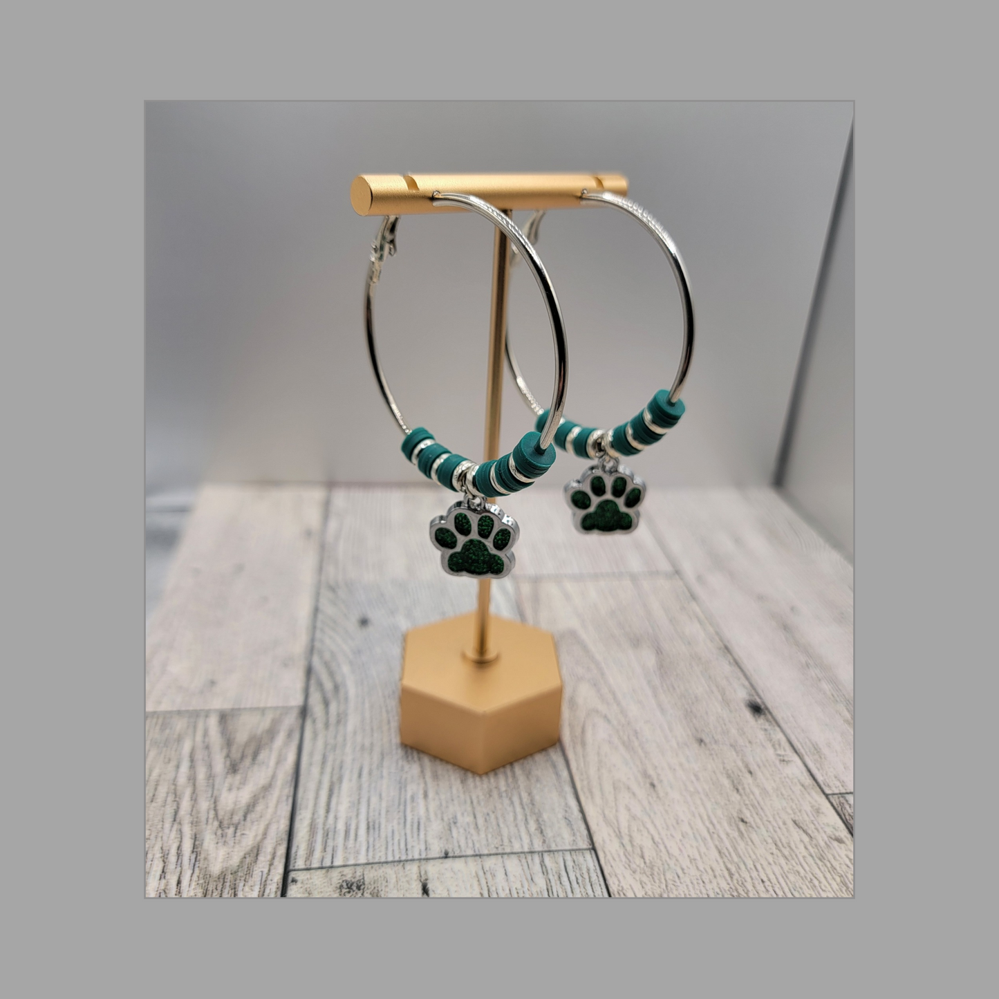 2" Silver Hoop Earrings, Green Dog Paw Charm