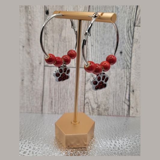 1-1/2" Silver Hoop Earrings, Red Beads & Red Dog Paw Charm