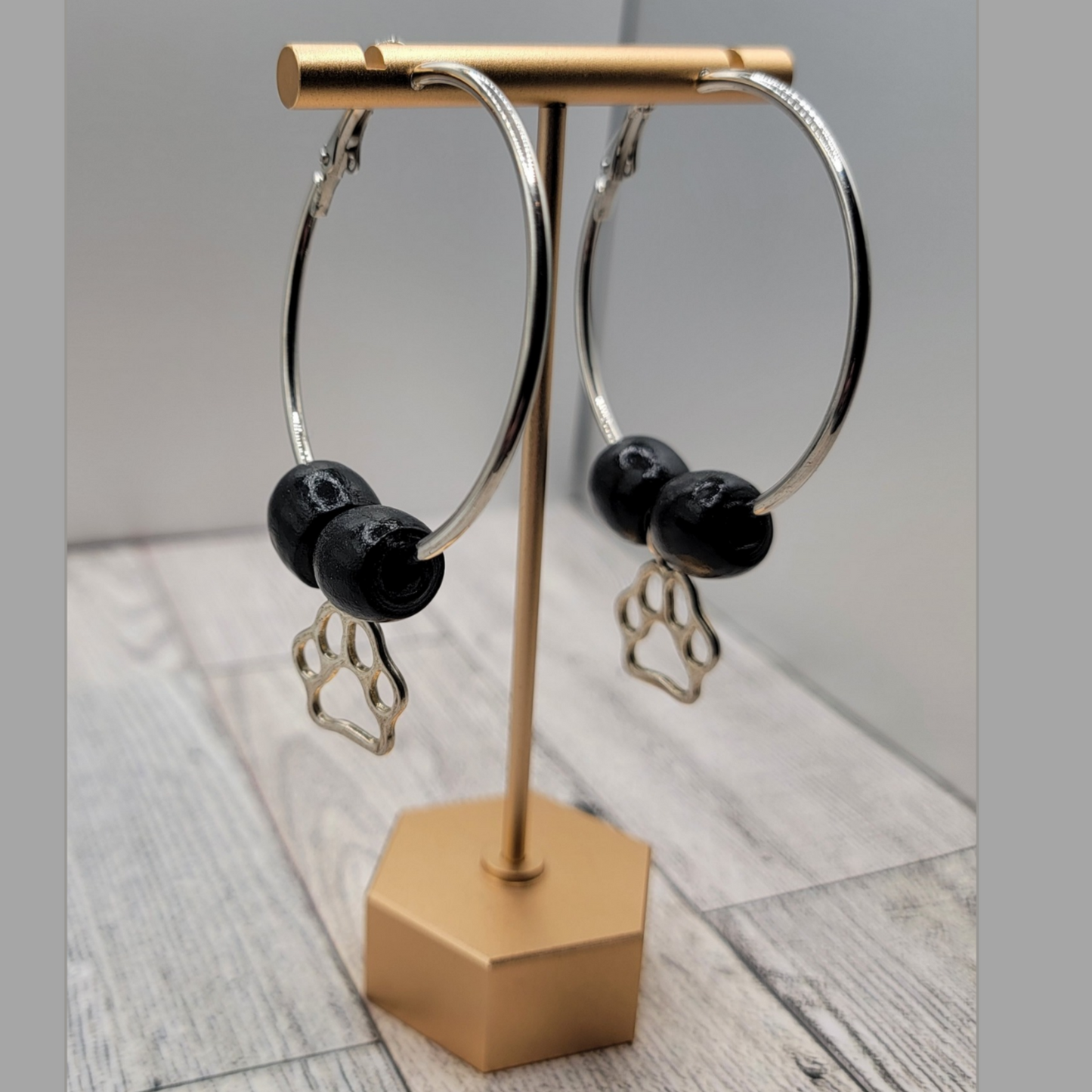 2" Silver Hoop Earrings, Black Beads, Silver Dog Paw Charm