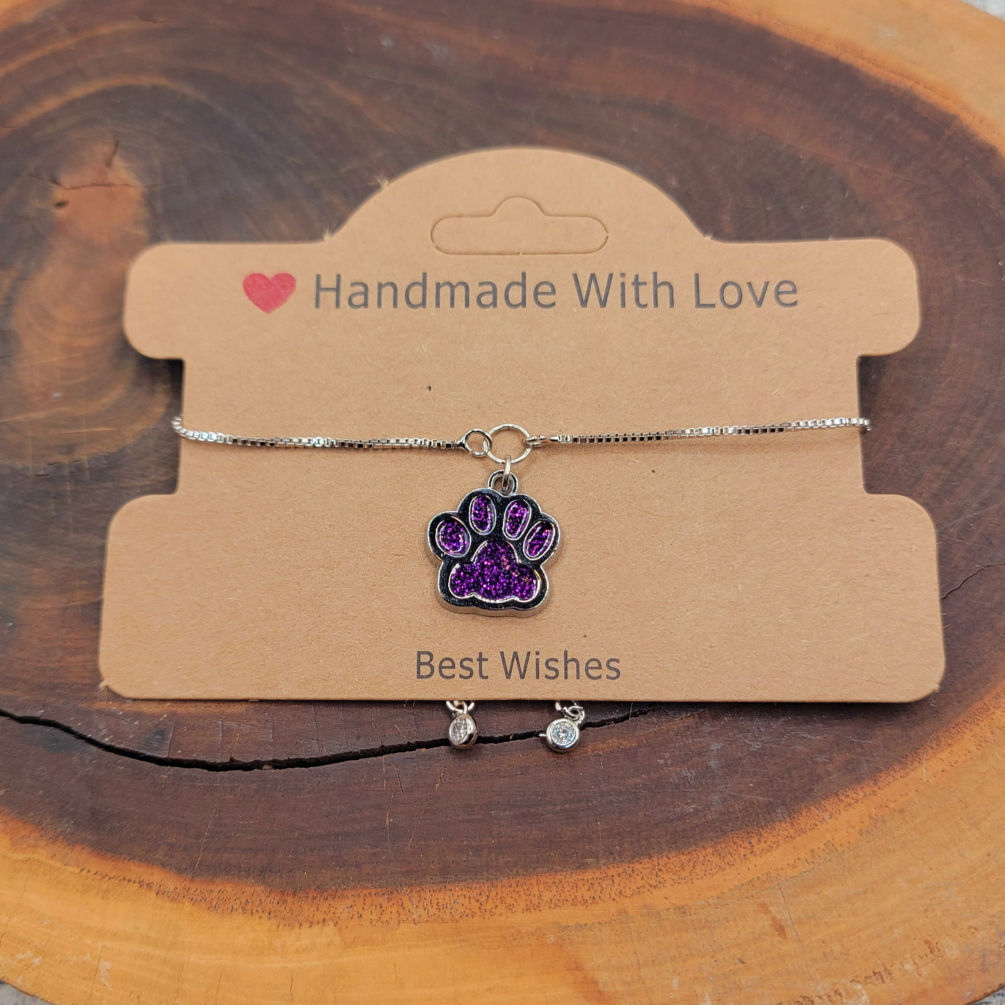✨ Adjustable Silver Bracelet with Purple Glitter Dog Paw Charm ✨