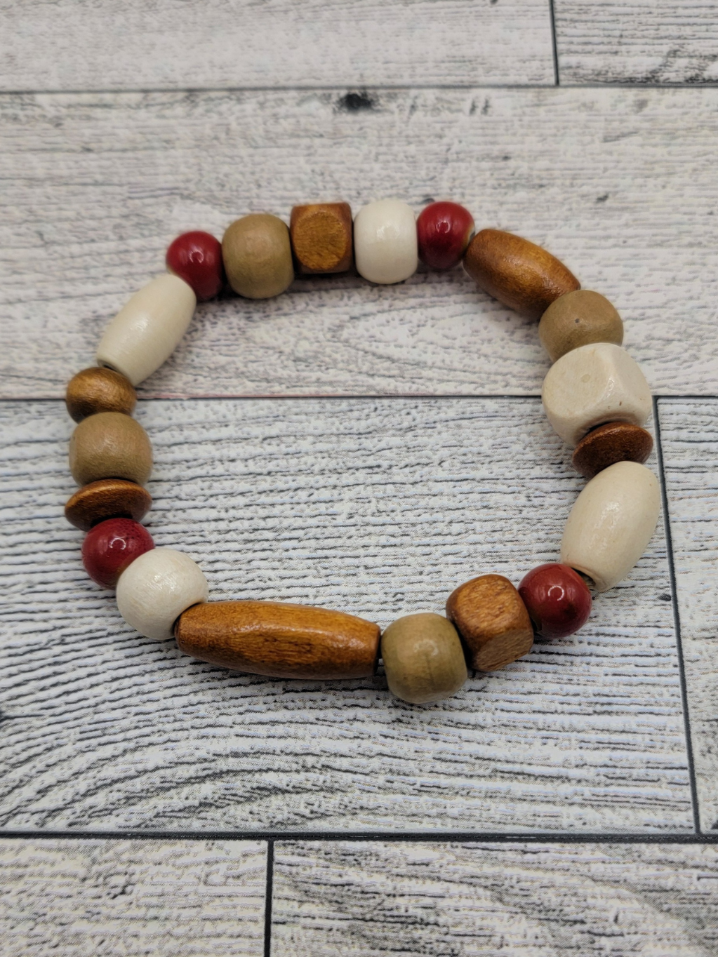 Boho Burnt Orange & Wood Beaded Stretch Bracelet