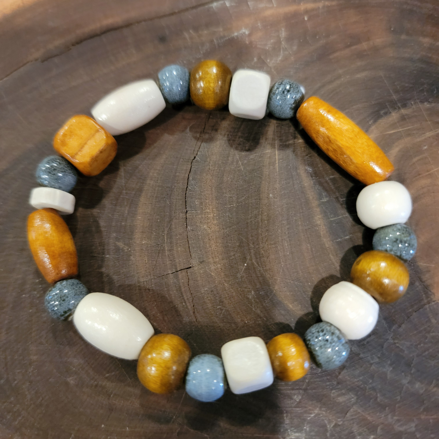 Wood & Porcelain Bead Bracelet, Touch of Blue, Stretch, Unisex, Boho Vibes