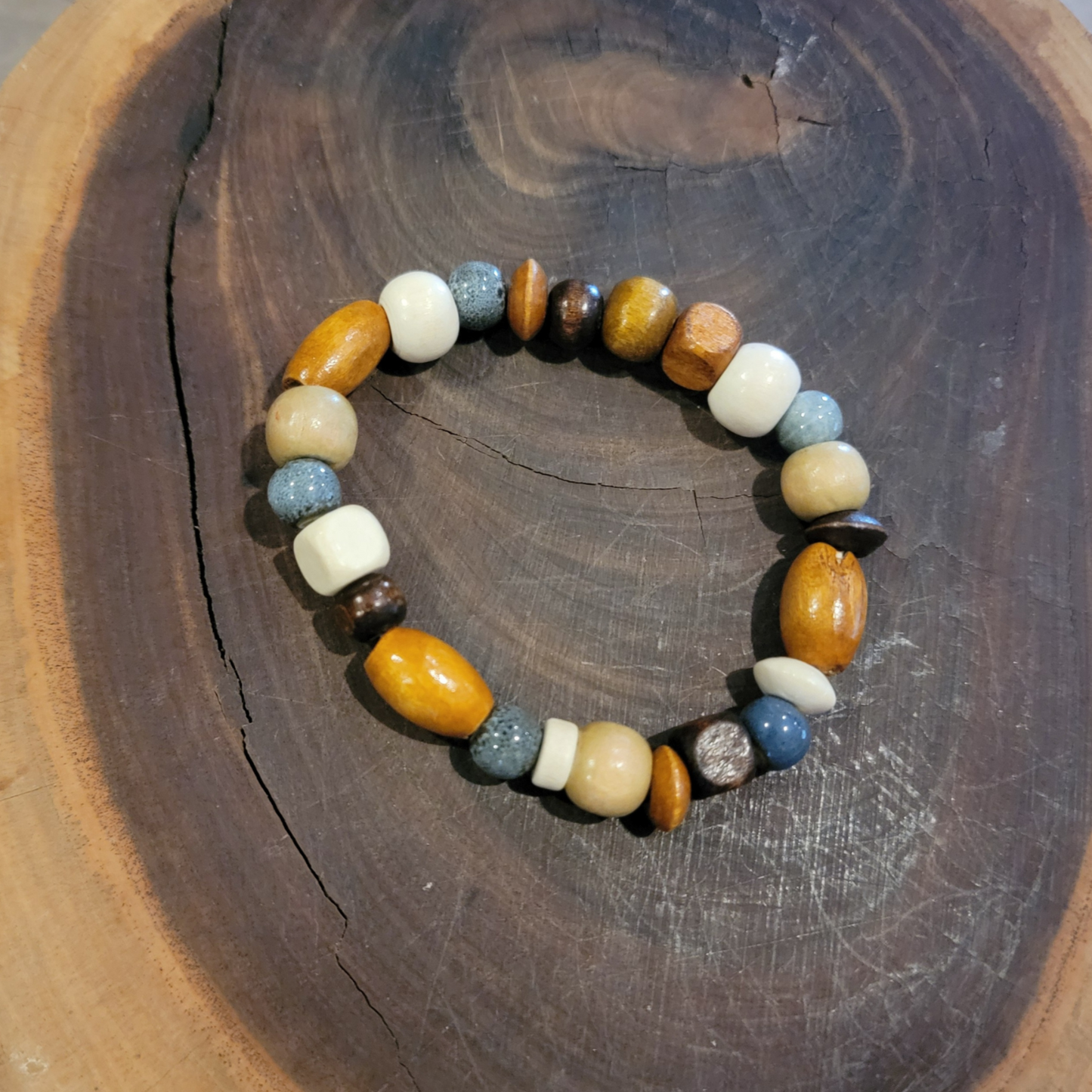 Rustic Boho Wood Bead Bracelet, Touch of Blue β Earthy & Unique πΏβ¨