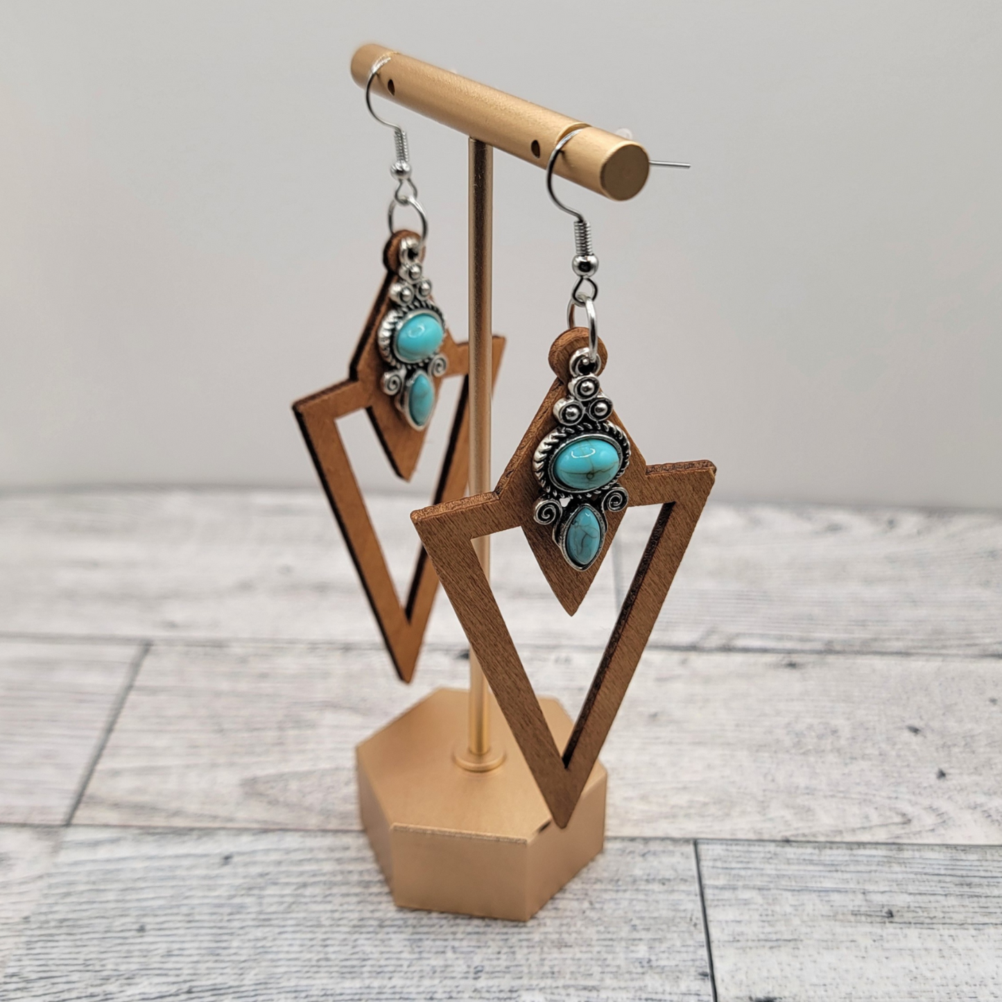 ✨ Boho Geometric Wooden Earrings with Turquoise Accents ✨