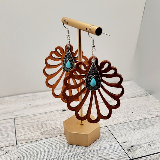 Boho Wooden Flower Cutout Earrings with Turquoise Charm