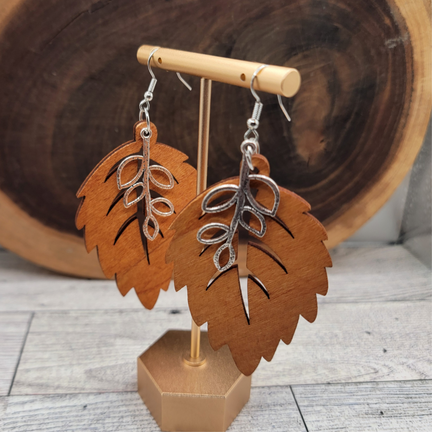 Boho Wood Leaf Dangle Earrings with Silver Branch Charm 🌿✨