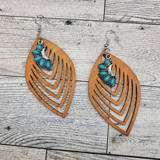 Boho Layered Wood & Turquoise Dangle Earrings
