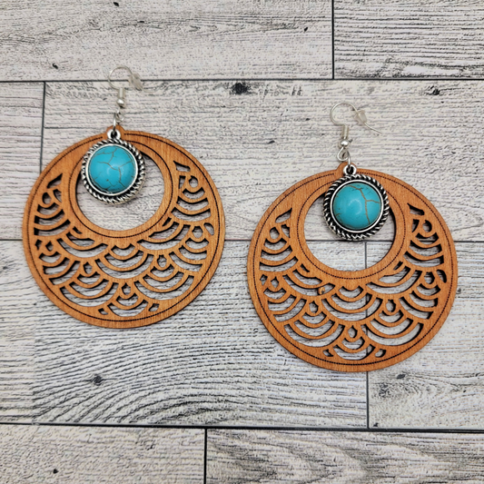 Mandala Wood & Turquoise Dangle Earrings