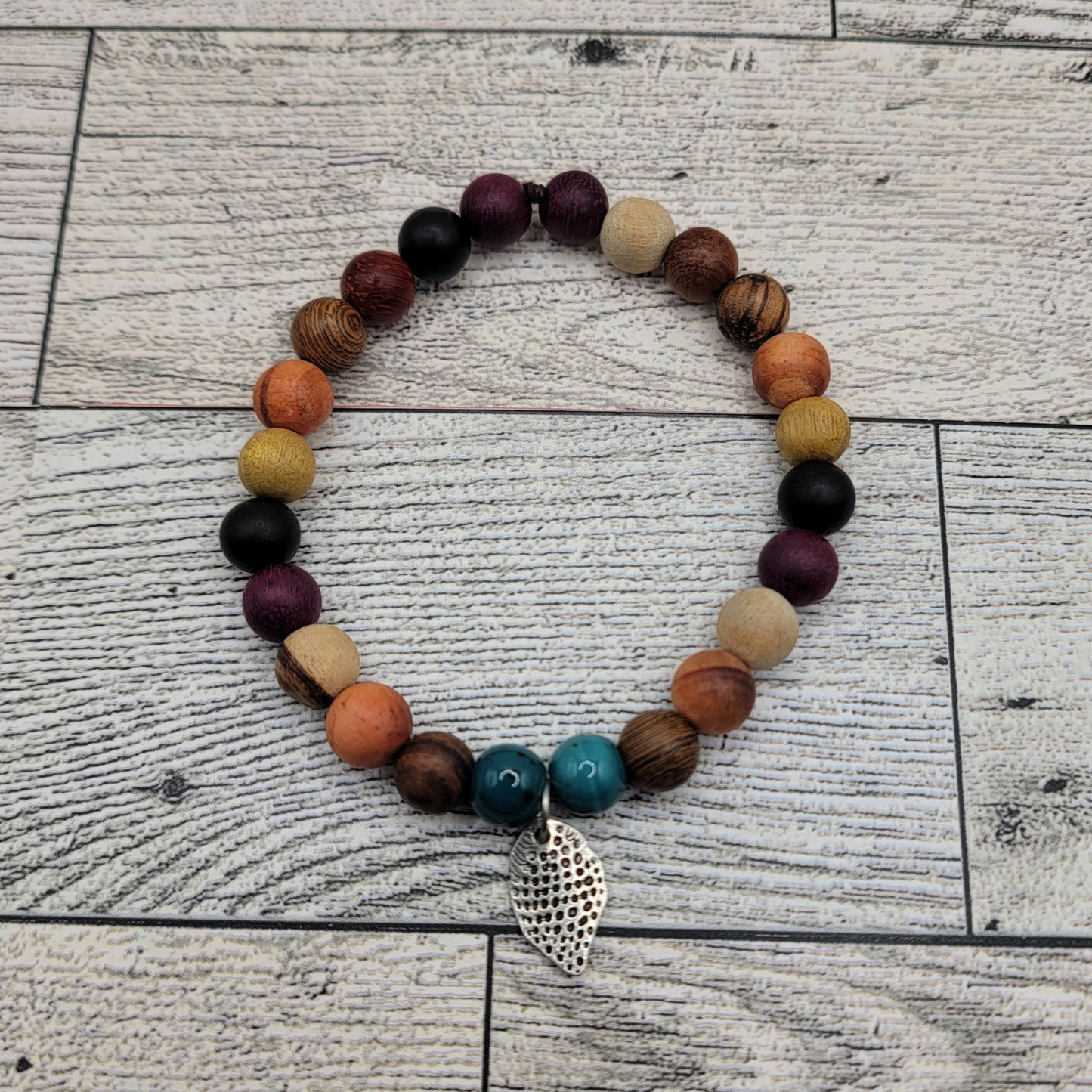Rustic Beachy & Boho Vibes Wood & Turquoise Bracelet – Silver Leaf Charm