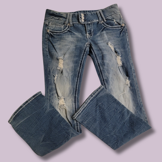 Amethyst Jeans, Distressed, Detail Stitch, Size 9
