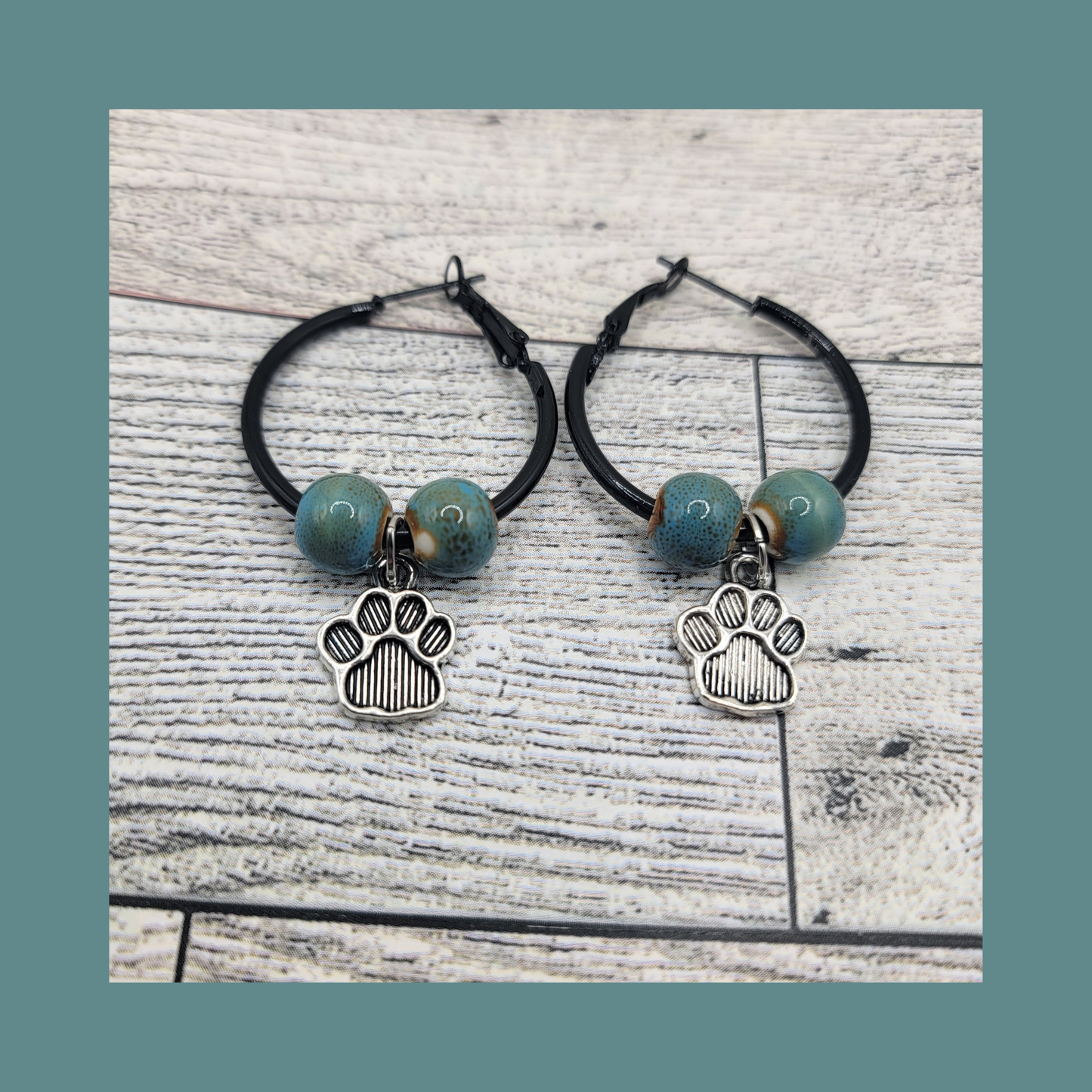 1" Black Hoop Earrings, Blue/Green Ceramic Beads & Silver/Black Dog Paw
