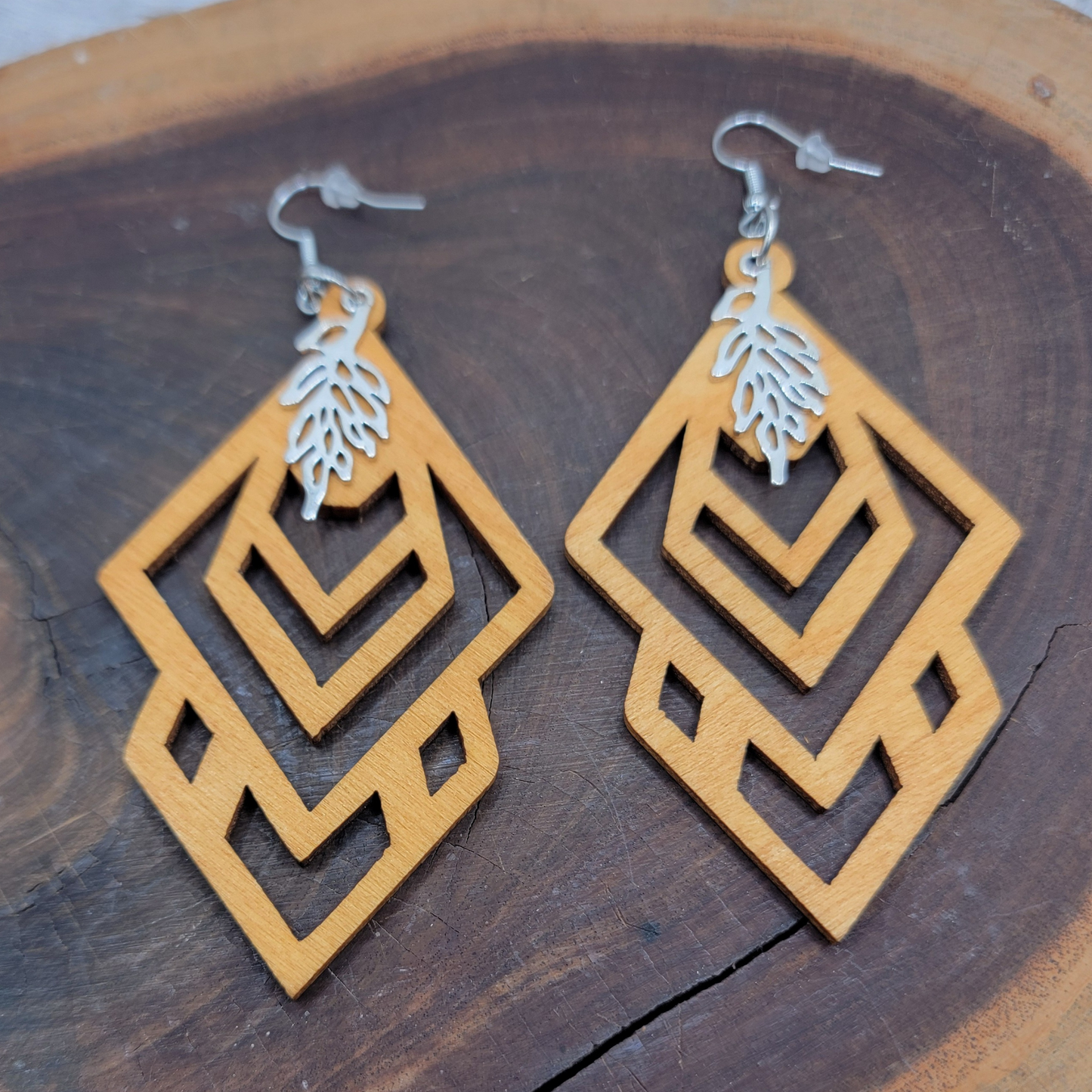 π Boho Geometric Wood Dangle Earrings with Silver Leaf Charm π