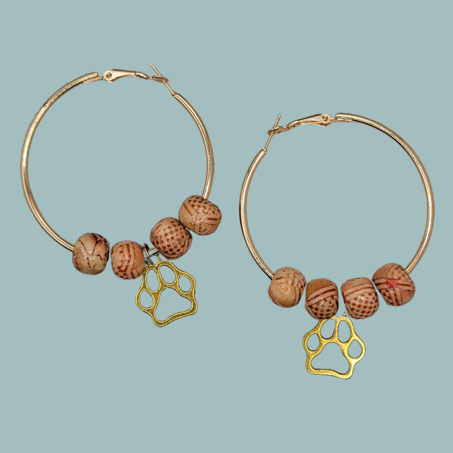 2" Gold Hoop Earrings, Wood Beads Gold Dog Paw