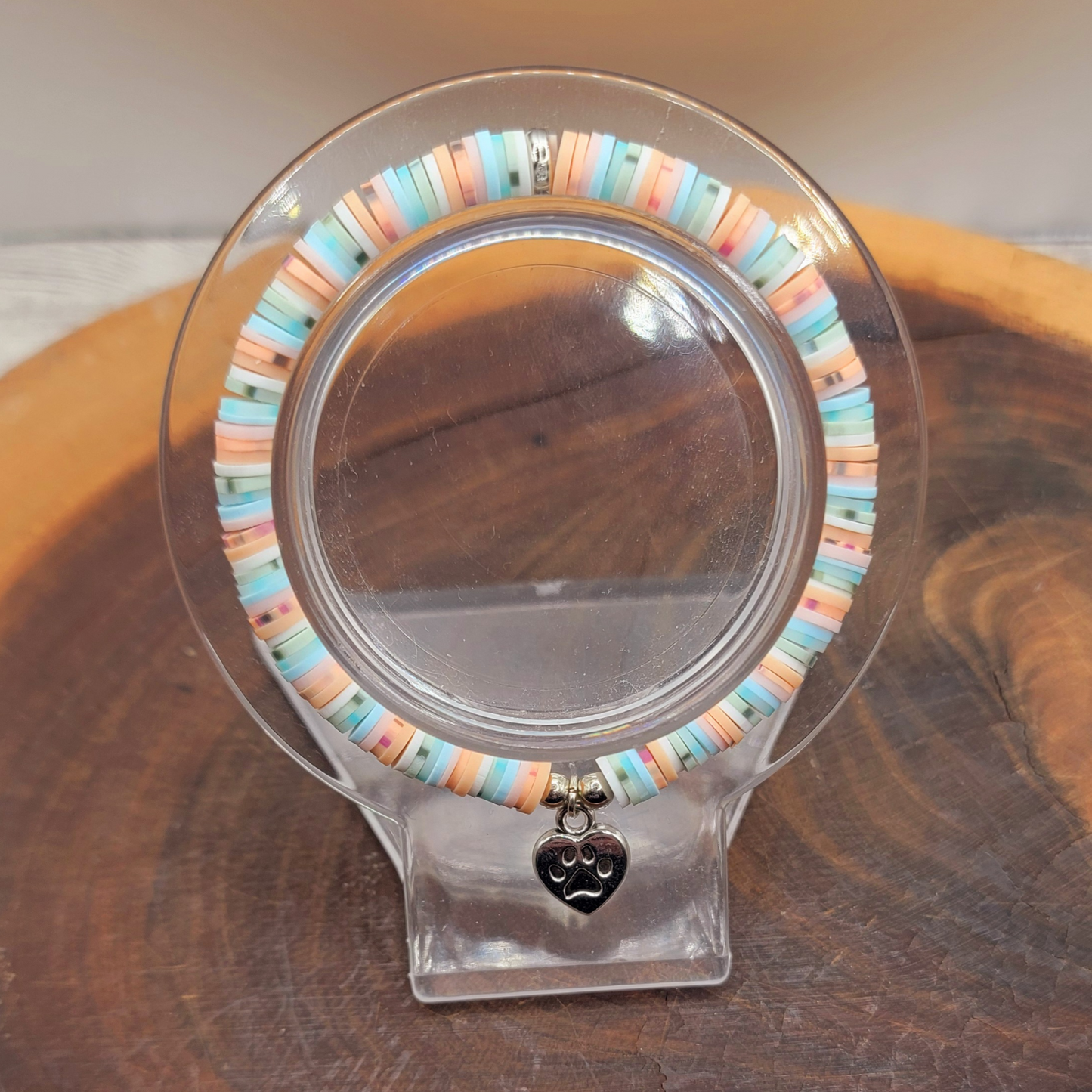 π Beachy Polymer Clay Disc Bracelet with Silver Paw Print Heart Charm πΎπ