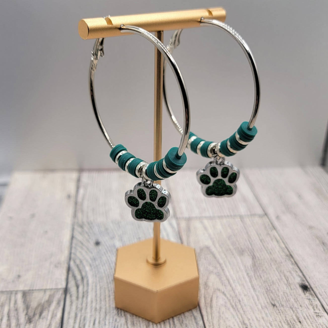 2" Silver Hoop Earrings, Green Dog Paw Charm