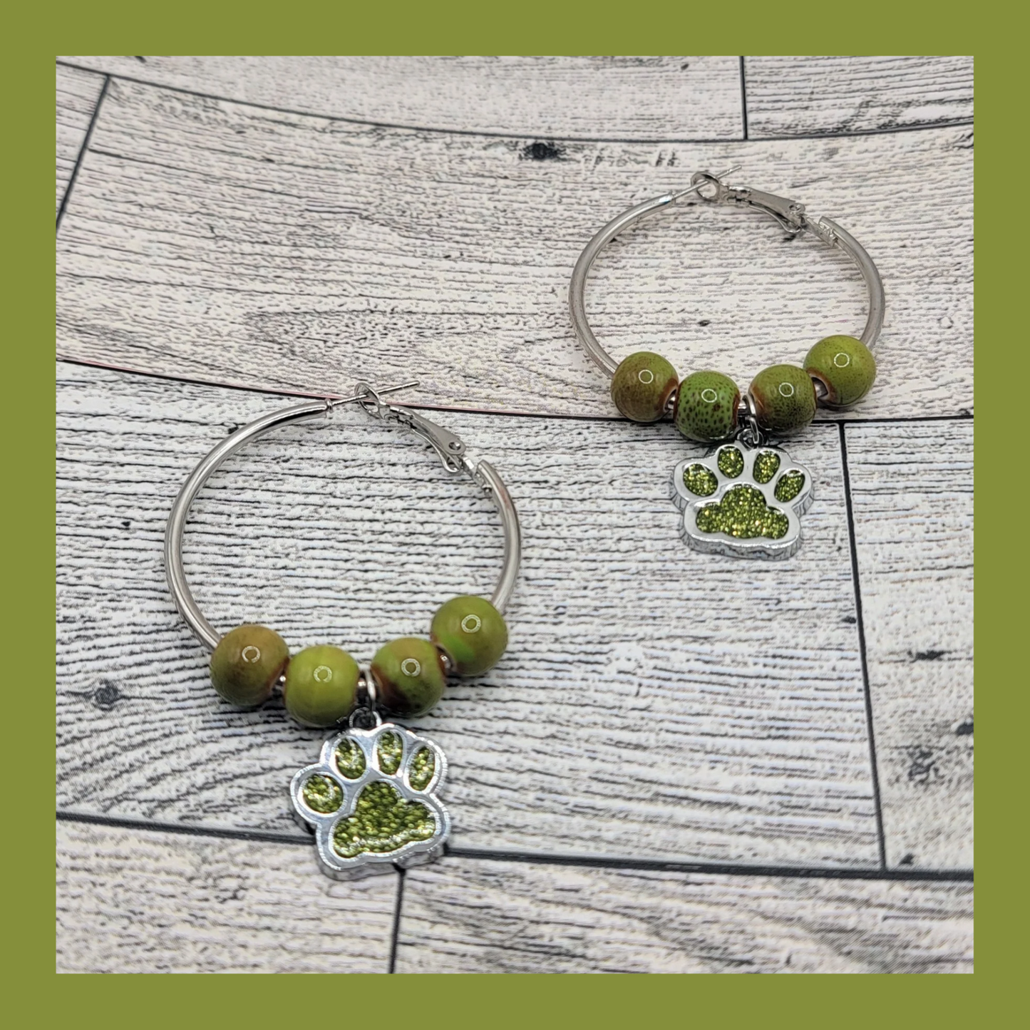 1-1/2" Silver Hoop Earrings, Green Beads & Green Dog Paw