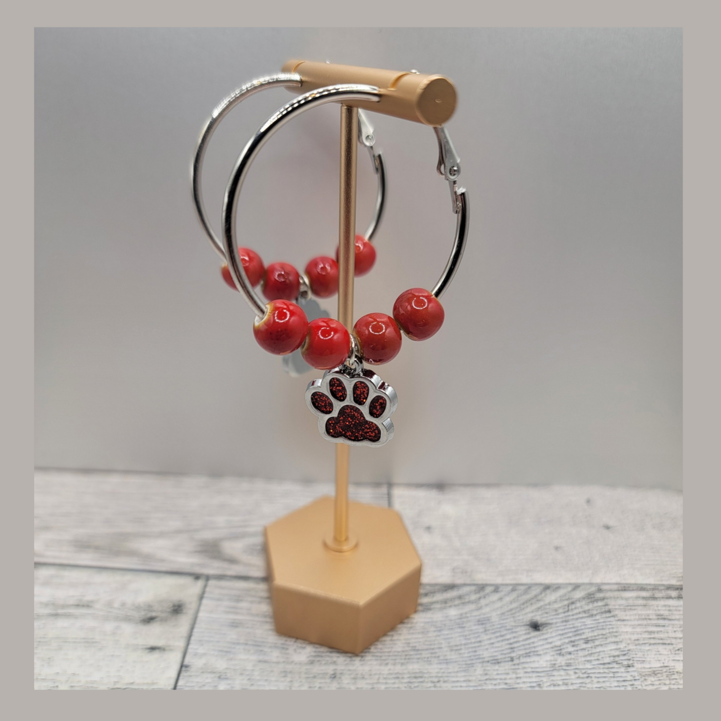 1-1/2" Silver Hoop Earrings, Red Beads & Red Dog Paw Charm