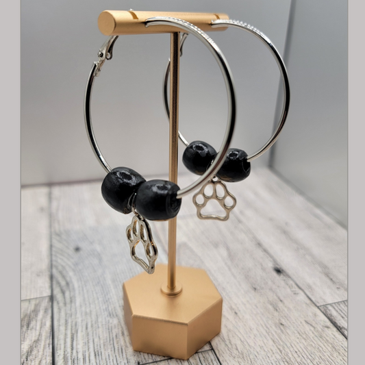 2" Silver Hoop Earrings, Black Beads, Silver Dog Paw Charm