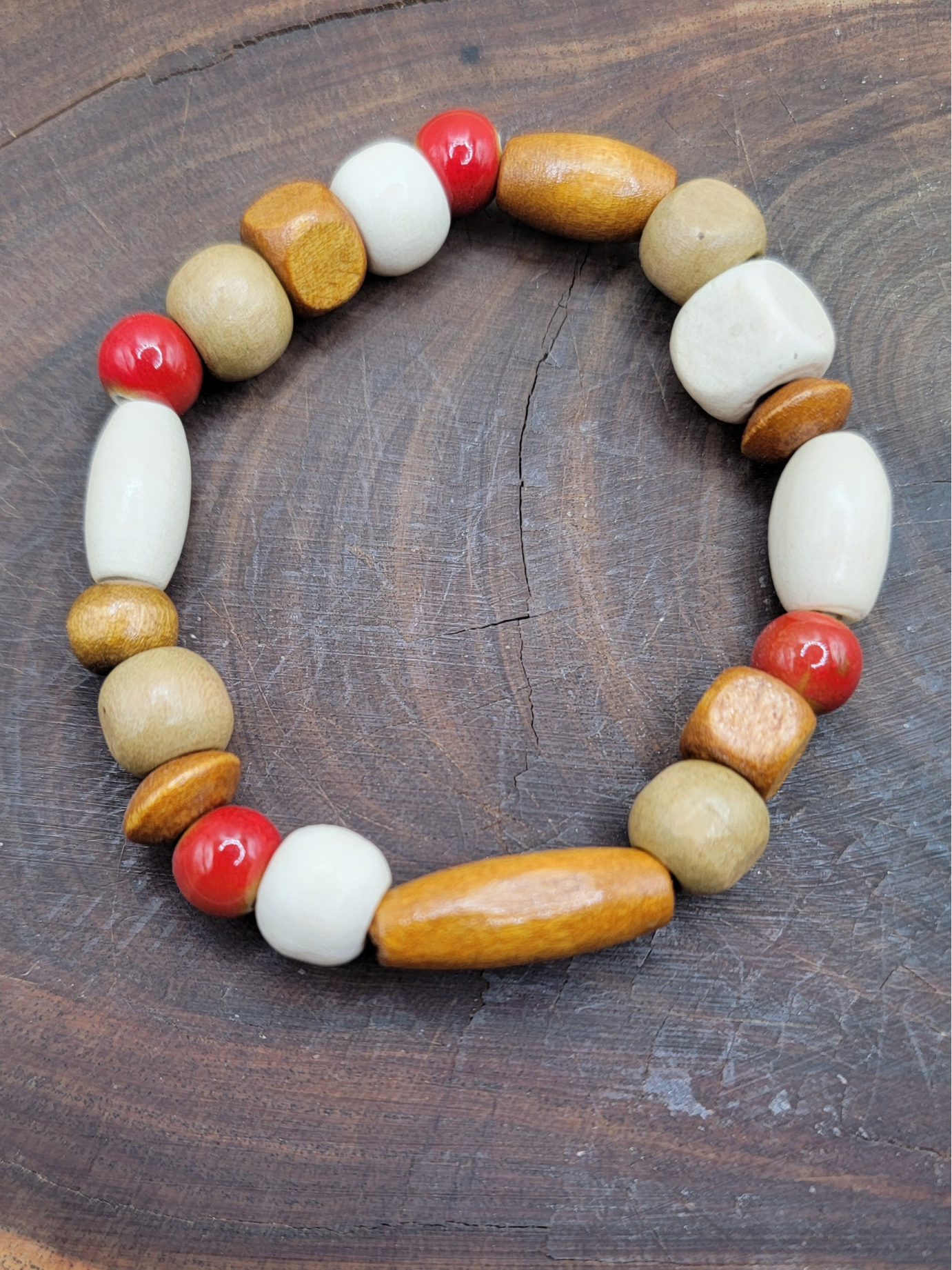 Boho Burnt Orange & Wood Beaded Stretch Bracelet
