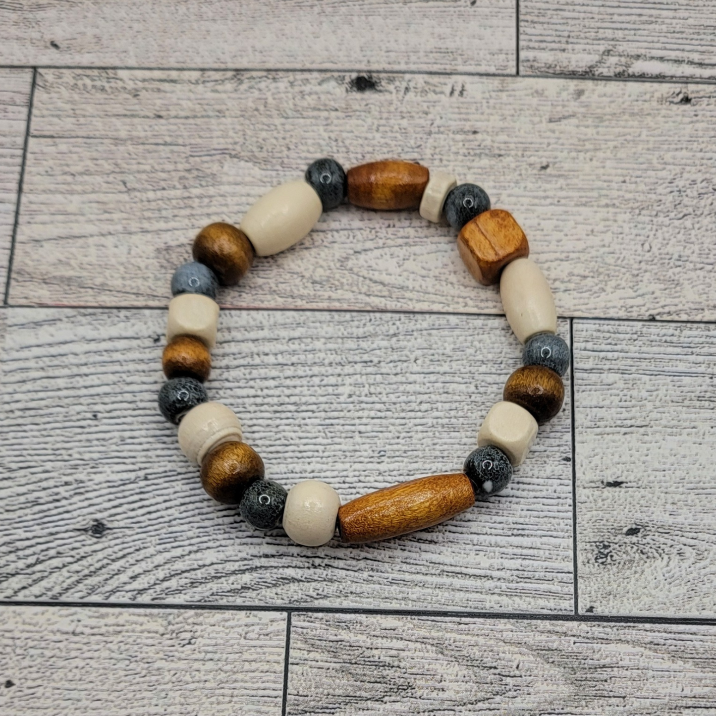 Wood & Porcelain Bead Bracelet, Touch of Blue, Stretch, Unisex, Boho Vibes